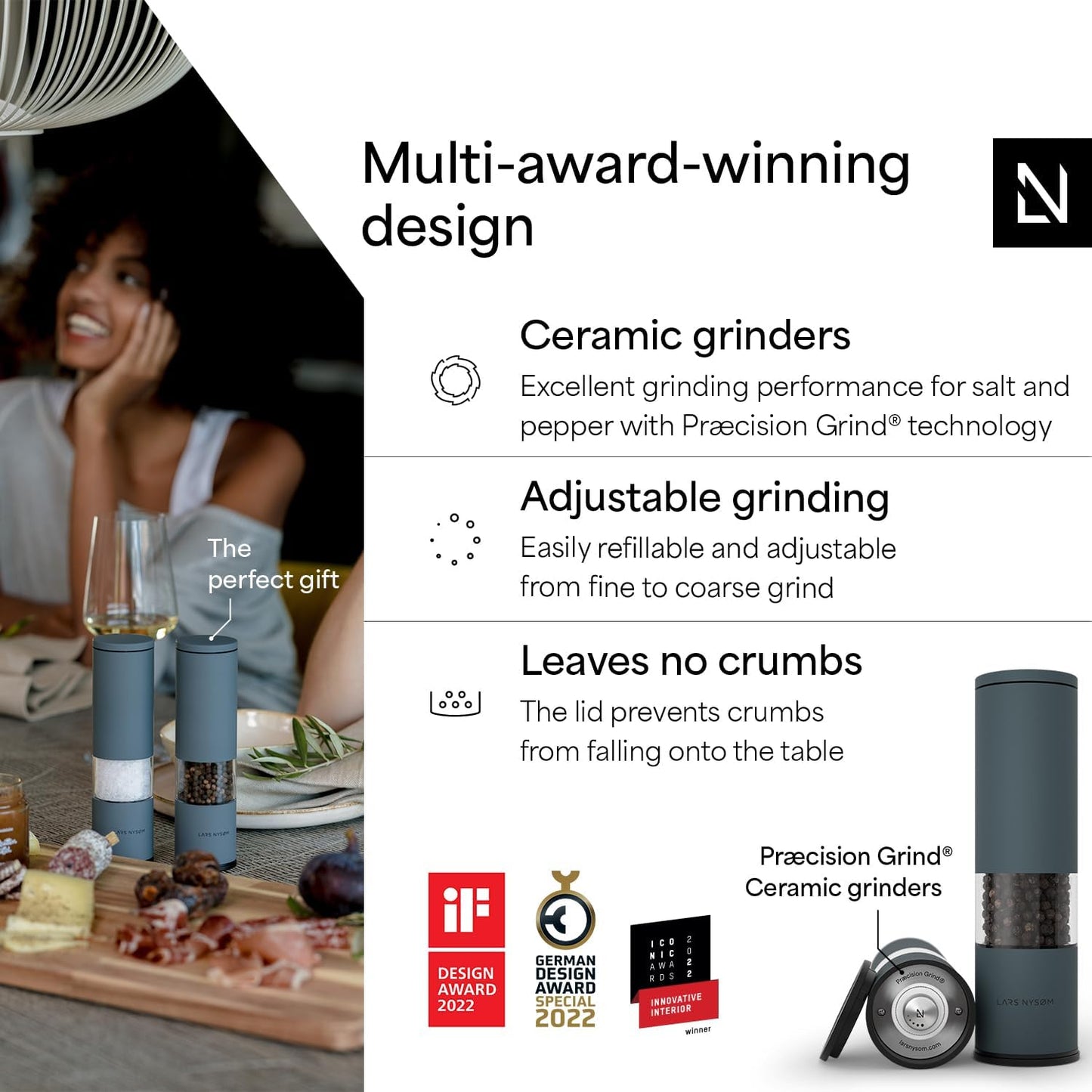 LARS NYSØM Salt and Pepper Grinder Set Manual, Stainless Steel Salt and Pepper Mills with Adjustable Ceramic Grinder I Design Spice Shakers (Stone Blue)