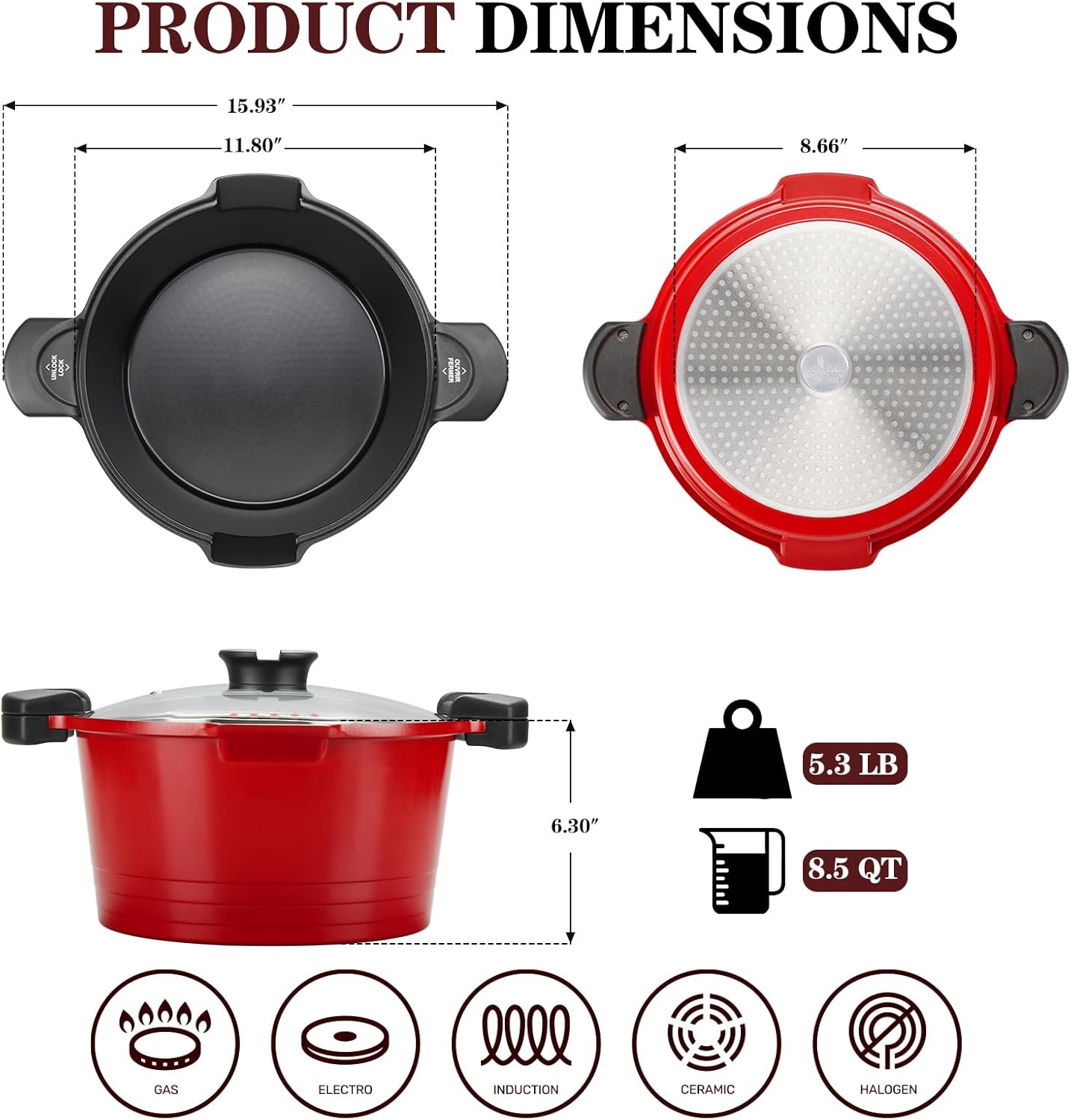 ACTIV CUISINE 8.5qt Pasta Pot with Strainer Lid, Cast Aluminum Stockpot Multipot, Nonstick Ceramic Coating make Cleanup easy with Tempered Glass Lid, Dishwasher Safe, Induction, Red
