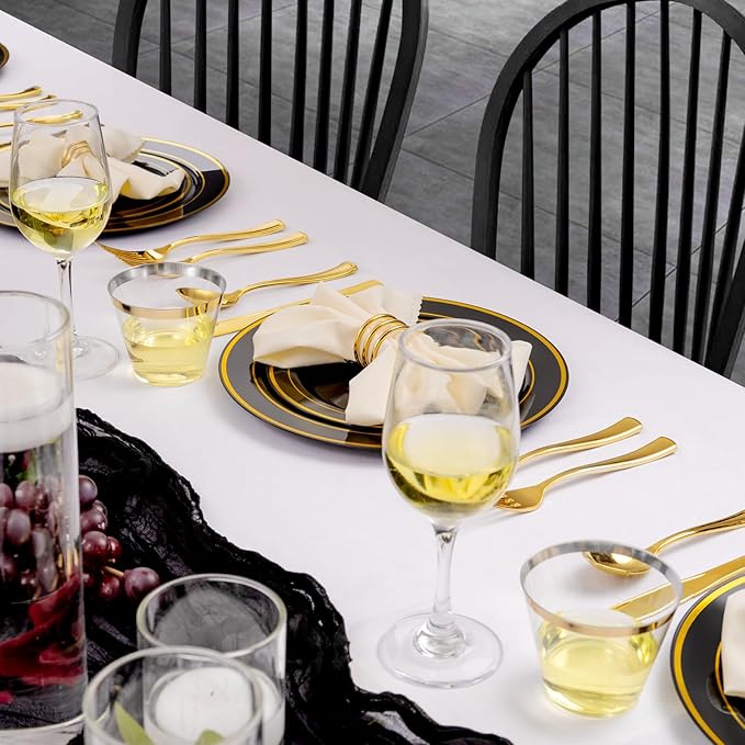bUCLA 300PCS Black and Gold Disposable Dinnerware Set - 50 Guests Black Plastic Plates with Gold Rim Include 50 Dinner / 50 Dessert Plates, 50 Forks,50 Knives,50 Spoons&50 Cups for Party&New Year