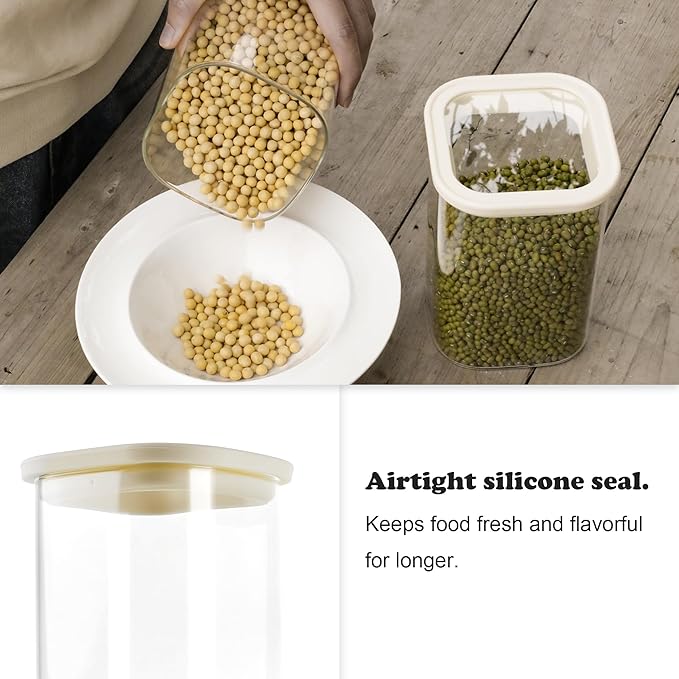 12pcs Square Glass Pantry Storage Containers with See Through Lids Kitchen Jars Sets for Cereal, Chips Refrigerator Safe, Professional Glass Canisters, Patent Approved (12PCS/MIX)