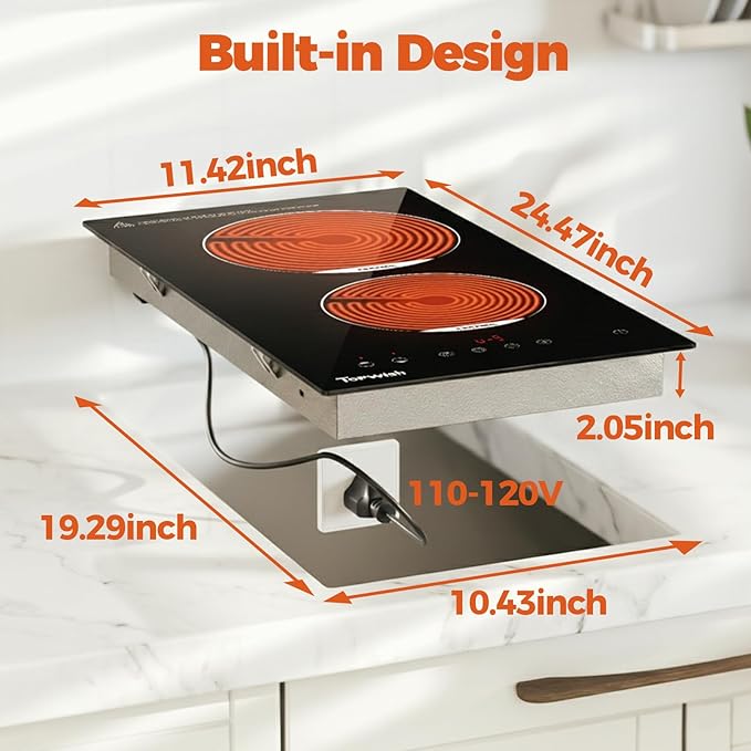 TOPWISH 12 Inch Electric Cooktop, 2 Burners Built-in Electric Stove Top Hot Plate, Drop-in Ceramic Cooktop Kitchen Stoves with Touch Control, Safety Lock, Timer, Overheat Protection, 120V Plug in