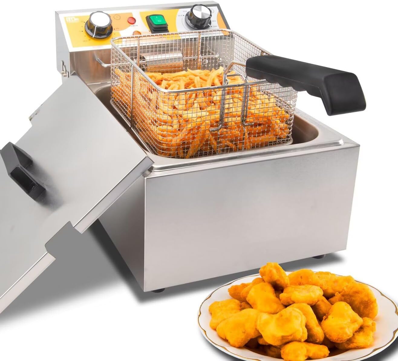 13.6QT Electric Deep Fryer with 6L(6.5QT)Frying Basket&Lid,1750W Stainless Steel Commercial Countertop Single Tank Oil Fryers with Temperature Control&Timer for Home Kitchen Restaurant
