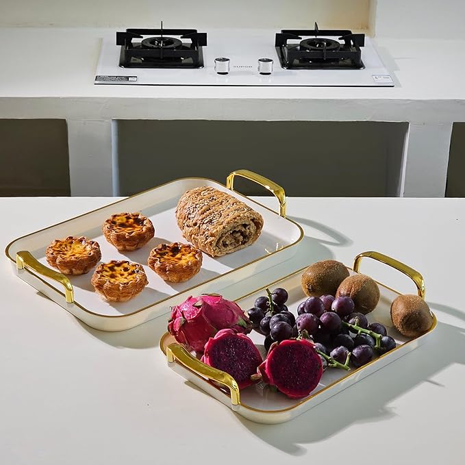 JEESA 3-Pack Serving Tray with Handles, Platters for Serving Food Turkey Cookie Appetizer Snack, Reusable Plastic, Stackable, for Holiday, Party, White