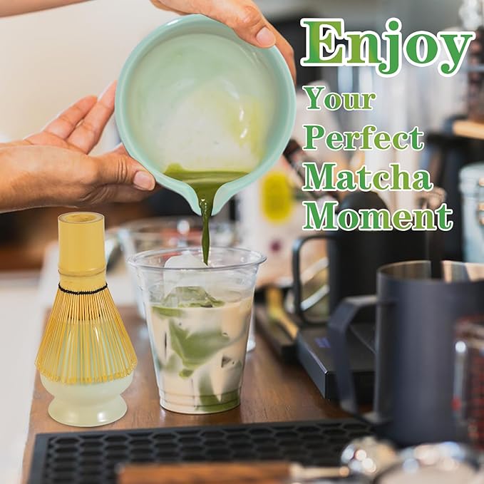 Matcha Whisk Set, Ceramic Matcha Bowl with Spout, Bamboo Whisk, Traditional Scoop, Chasen Holder, Powder Sifter, Japanese Tea Making Kit for Matcha Lovers Beginners Birthday Christmas Gift