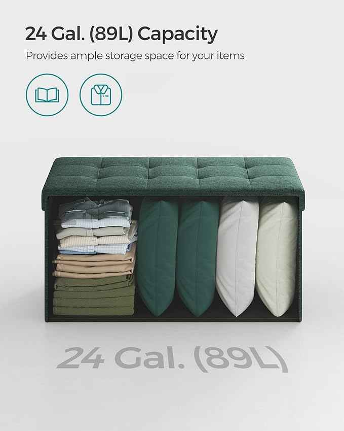 SONGMICS Mazie Collection - 30 Inches Folding Storage Ottoman Bench, Ottoman Foot Rest, End of Bed Bench, Storage Chest, Load 660 lb, for Living Room, Bedroom, Entryway, Retro Green ULSF047C01