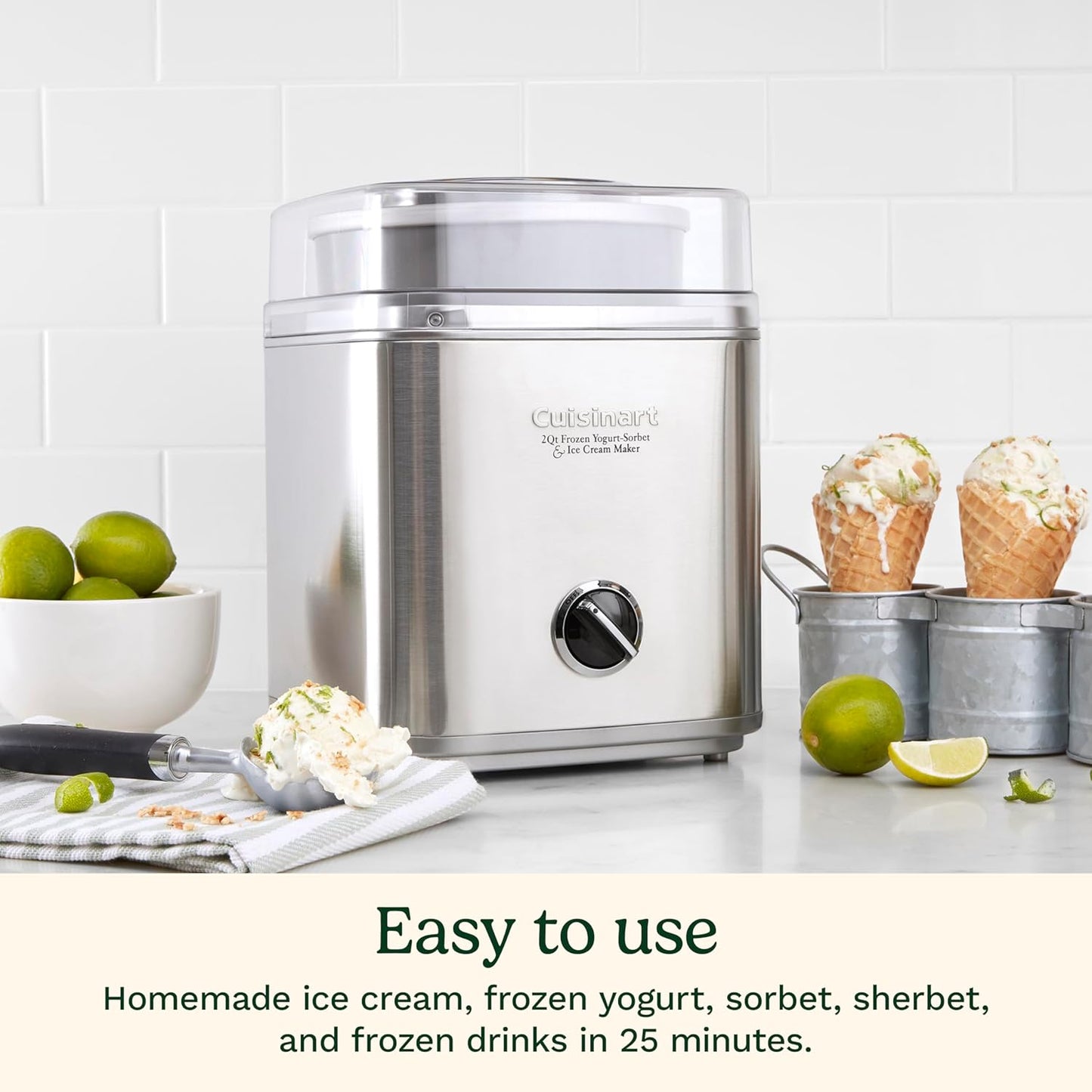 Cuisinart Ice Cream Maker Machine, 2-Quart Ice Cream, Sorbet and Frozen Yogurt Machine, Fully Automatic Double-Insulated Freezer Bowl Makes Frozen Desserts in Under 30 Minutes, ICE30BCP1, Silver