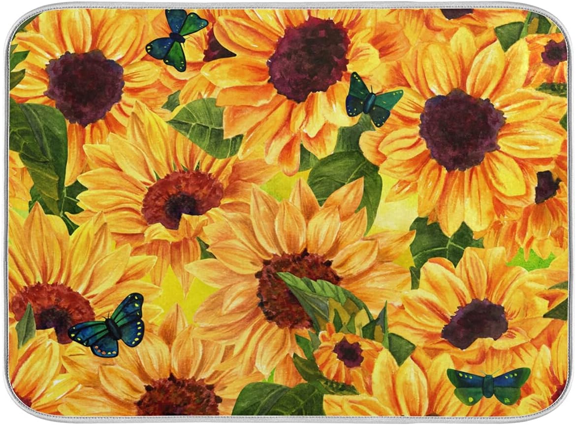 Super Absorbent Dish Drying Mat, Microfiber Fast-Drying Dish Mat, 16" x 18", Kitchen Dish Drying Pad, Sunflowers And Green Blue Butterflies
