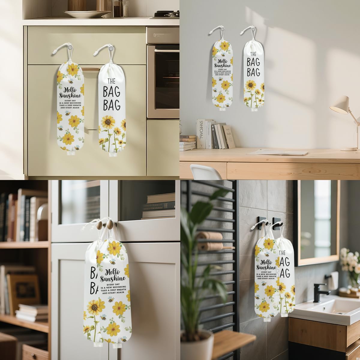 2Pcs Watercolor Flower Bee Plastic Bag Holder for Kitchen, Wall Mount Grocery Bag Holder for Plastic Bags, Summer Sunflower Reusable Grocery Bags Storage Dispenser for Home Kitchen Pantry Farmhouse