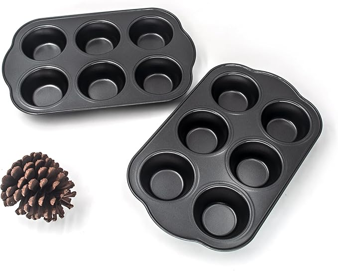 Non-Stick Standard Muffin Pans, 2.95" 6-Cup Set of 2 Baking Pans, Heavy Duty Carbon Steel Tins for Standard Muffins & Cupcakes