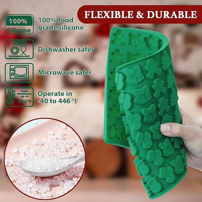 HKNMTT Mini Christmas Candy Molds, Silicone 72 Cavity Chocolate Mold, Tree Santa Snowman Stocking Bell Gingerbread Shape Gummy Making Set, Food Grade for Gifts Cookies Dog Treats
