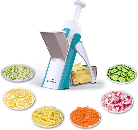 ONCE FOR ALL Safe Mandoline Slicer 5 in 1 Vegetable Cutter, Strips Julienne Dicer Adjustable Thickness 0.1-8 mm for Kitench Fast Meal Prep (Blue)