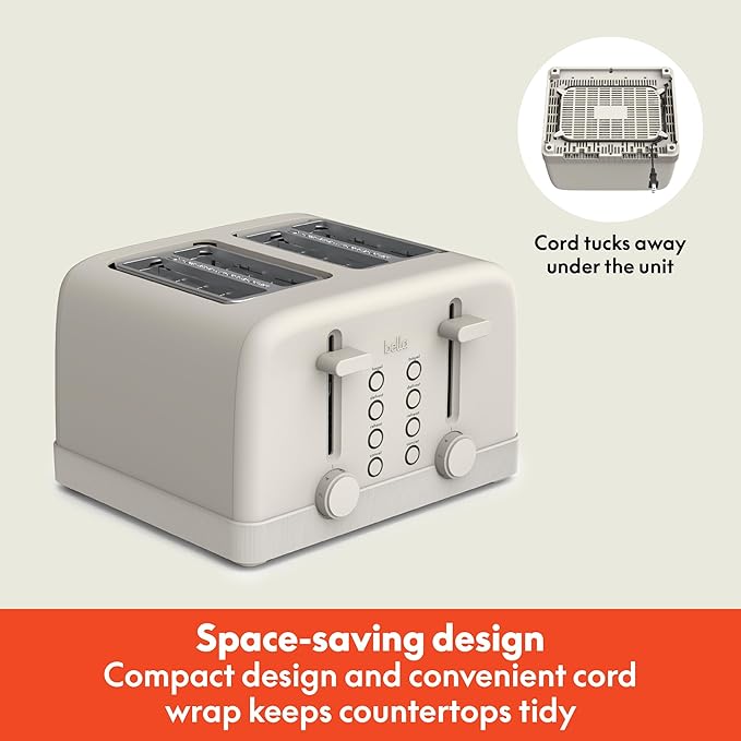 bella 4 Slice Toaster, 6 Setting Shade Control with Reheat & Cancel Buttons, Removable Crumb Tray, Anti Jam & Auto Shutoff, 900 Watt, Oatmilk