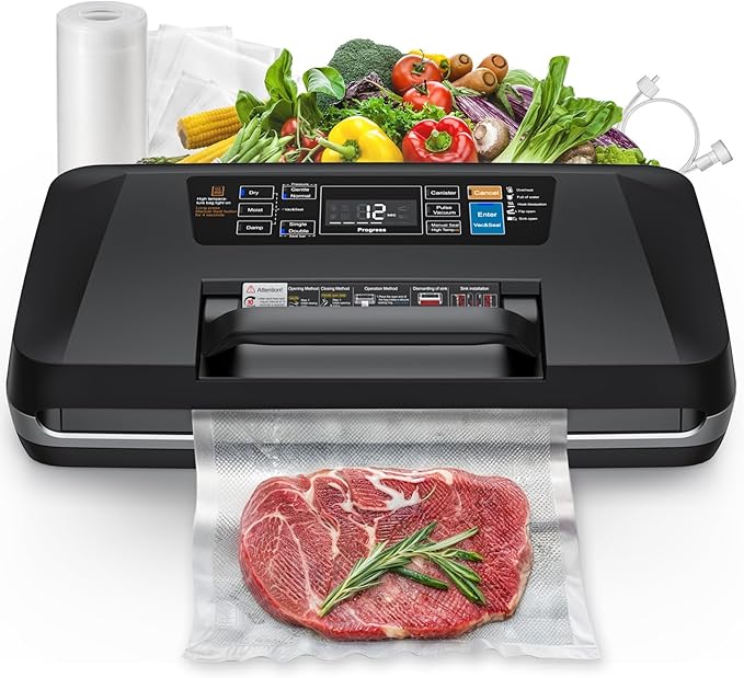 Vacuum Sealer for Food, 10 Modes 95KPa vacuum sealer for Wet/Dry Food, Automatic Food Vacuum Sealer Machine with Double Seal Strip, Built-in Cutter & Roll Storage, Complete Kit with Bags