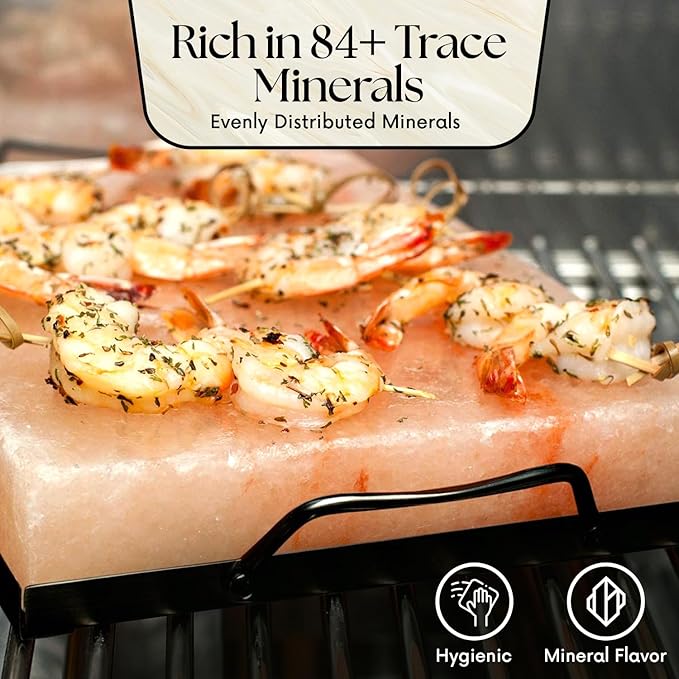 UMAID Himalayan Salt Block Cooking Plate 8x8x1.5 for Cooking, Grilling, Cutting and Serving, Food Grade Rock Salt Stone On Steel Tray with Recipe Pamphlet Unique Gifts for Men, Women, Dads & Cooks