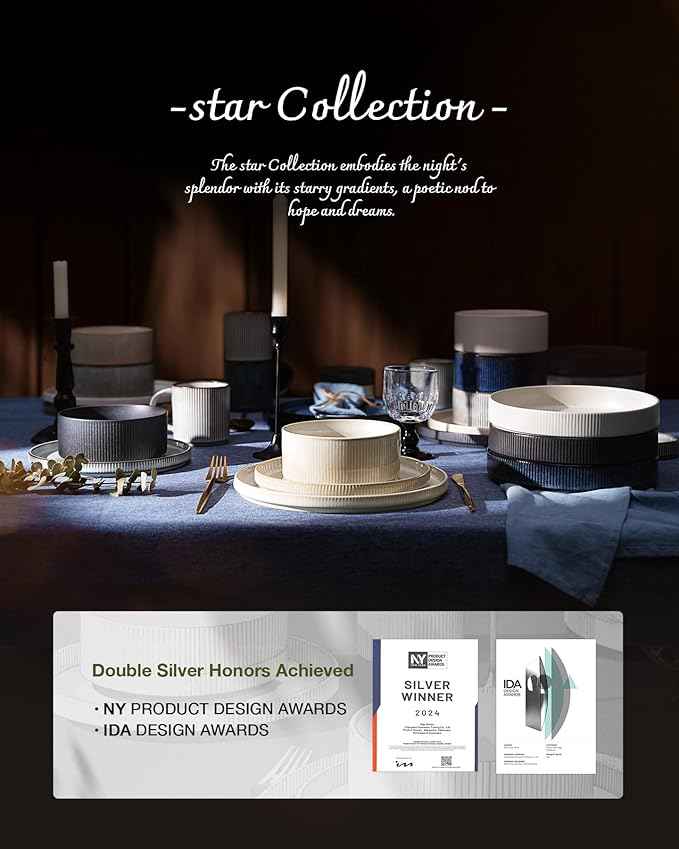 Famiware Star Dinnerware Set with Pasta Bowls, Service for 4 (16pcs), Ribbed Stoneware Plates and Bowls Dishes Sets with Trim - Chip & Scratch Resistant, Microwave & Dishwasher Safe, White