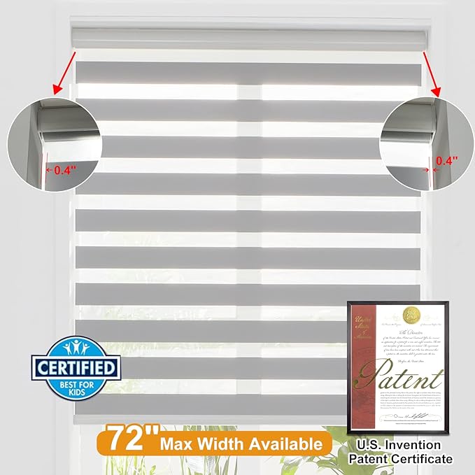 Persilux Cordless Zebra Shades (47" W X 72" H, Grey) Free-Stop Window Shades Dual Layer Light Control for Day and Night, Light Filtering Sheer Blinds for Windows, Easy to Install