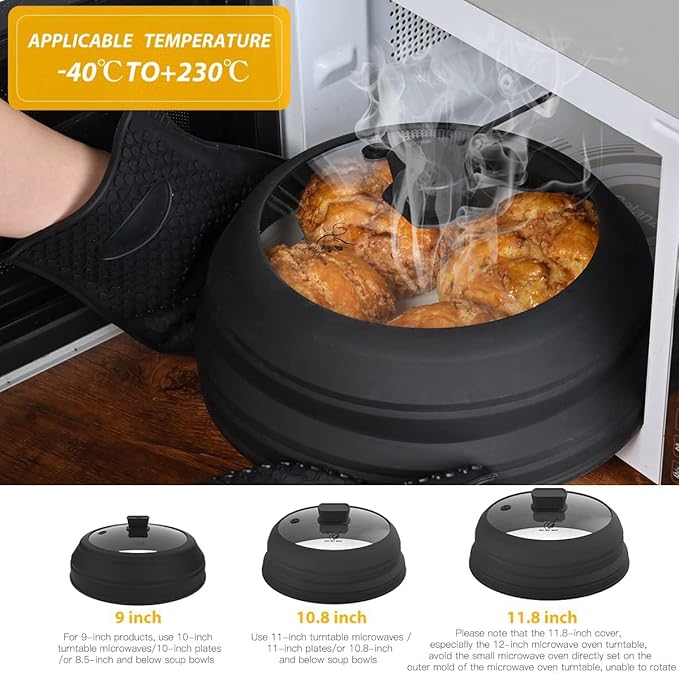 Microwave Splatter Cover Glass Splatter Guard Lid with Collapsible Silicone for Food Pot Plate Cover 11.8 inch Black