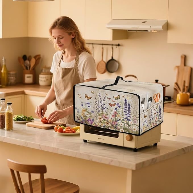 Toaster Oven Cover Washable Small Kitchen Appliance Dust Cover with Pockets, for Air Fryer Toaster Ovens, Microwaves, S, 14.5 x 18.5 x 9 Inches, Retro Floral Butterfly Print