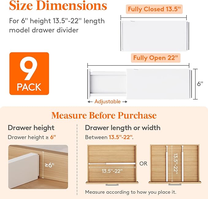 Lifewit 9 Pack 6" High Drawer Dividers 34-56cm/13.5-22" Adjustable Drawer Organizer for Clothes/Utensils, Expandable Drawer Separator in Dresser/Kitchen/Bedroom/Office Organization & Storage White