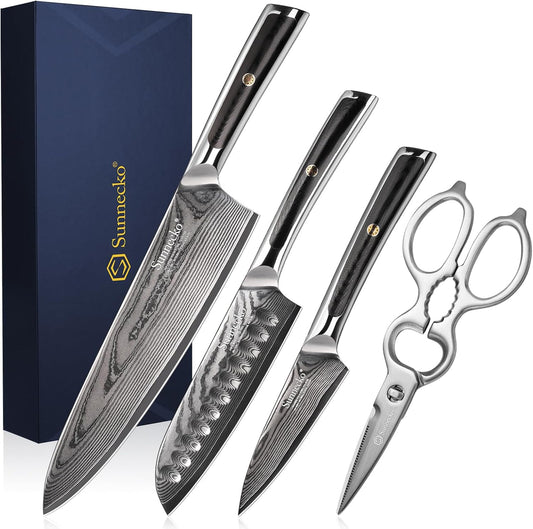 Sunnecko Damascus Kitchen Knife Set 4 Piece Chef Knife Set Professional, High Carbon Stainless Steel Knife Set, Full Tang with Gift Box