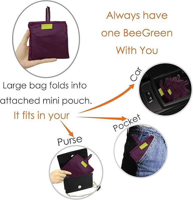 BeeGreen Purple Reusable Grocery Bags Wholesale Purple Reusable Kitchen Bags Bulk Foldable-Machine Washable with Zipper Storage Pouch 20 Packs
