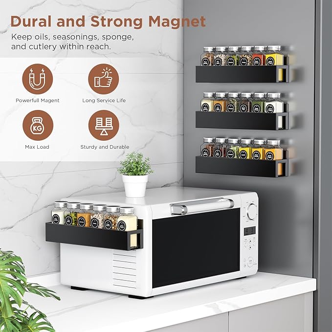Agotglmi 4 Pack Magnetic Spice Rack with 24 Spice Jars, Spice Labels, Chalk Marker and Funnel Set, Magnetic Spice Organizer Shelf for Refrigerator, Microwave, Seasoning Organizer for Kitchen