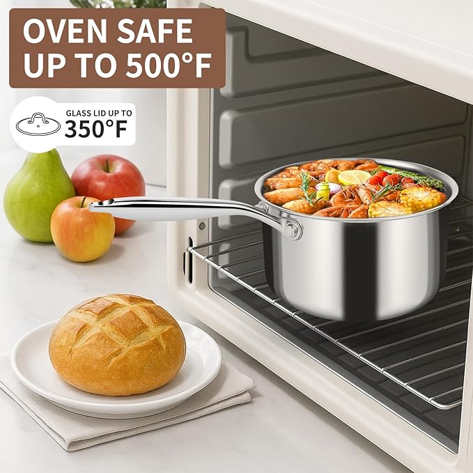 EWFEN 3 Ply Stainless Steel Sauce Pan Set with Lids, 1 & 2 & 3 Quart Multipurpose Cooking Pot, Stay-Cool Handle, Induction Oven Dishwasher Safe, 1QT & 2QT & 3QT