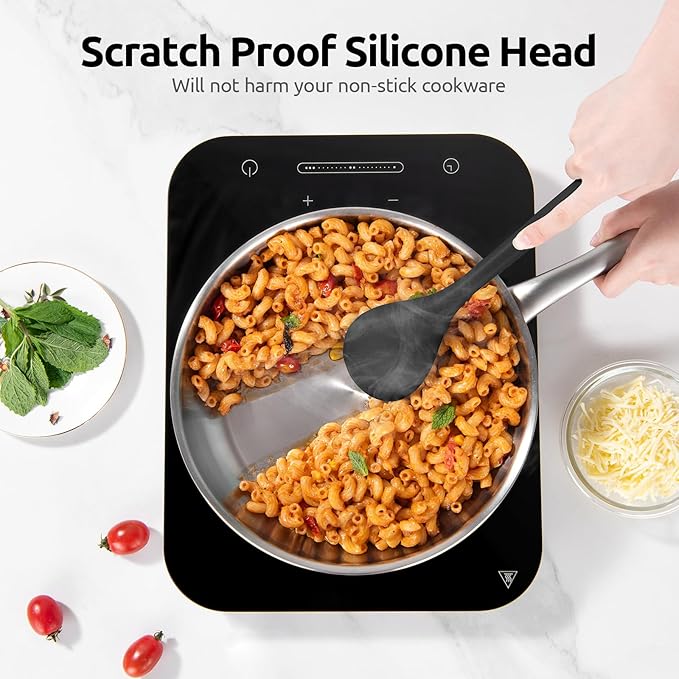 600ºF Heat Resistant Silicone Spoon: U-Taste 13.3in Solid Kitchen Cooking Spoon, Nonstick Food Grade Large & Long Soup Rubber Utensil for Mixing, Serving, Stirring, Basting, for Pot Cookware (Black)