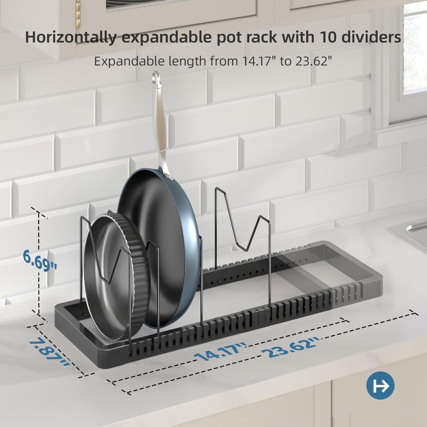 Pots and Pans Organizer under Cabinet, Expandable Pot Lid Organizer Holder with 10 Adjustable Compartment, Pan Organizers inside Cabinet for Lids, Bakeware, Kitchen Storage Pot Rack, Black