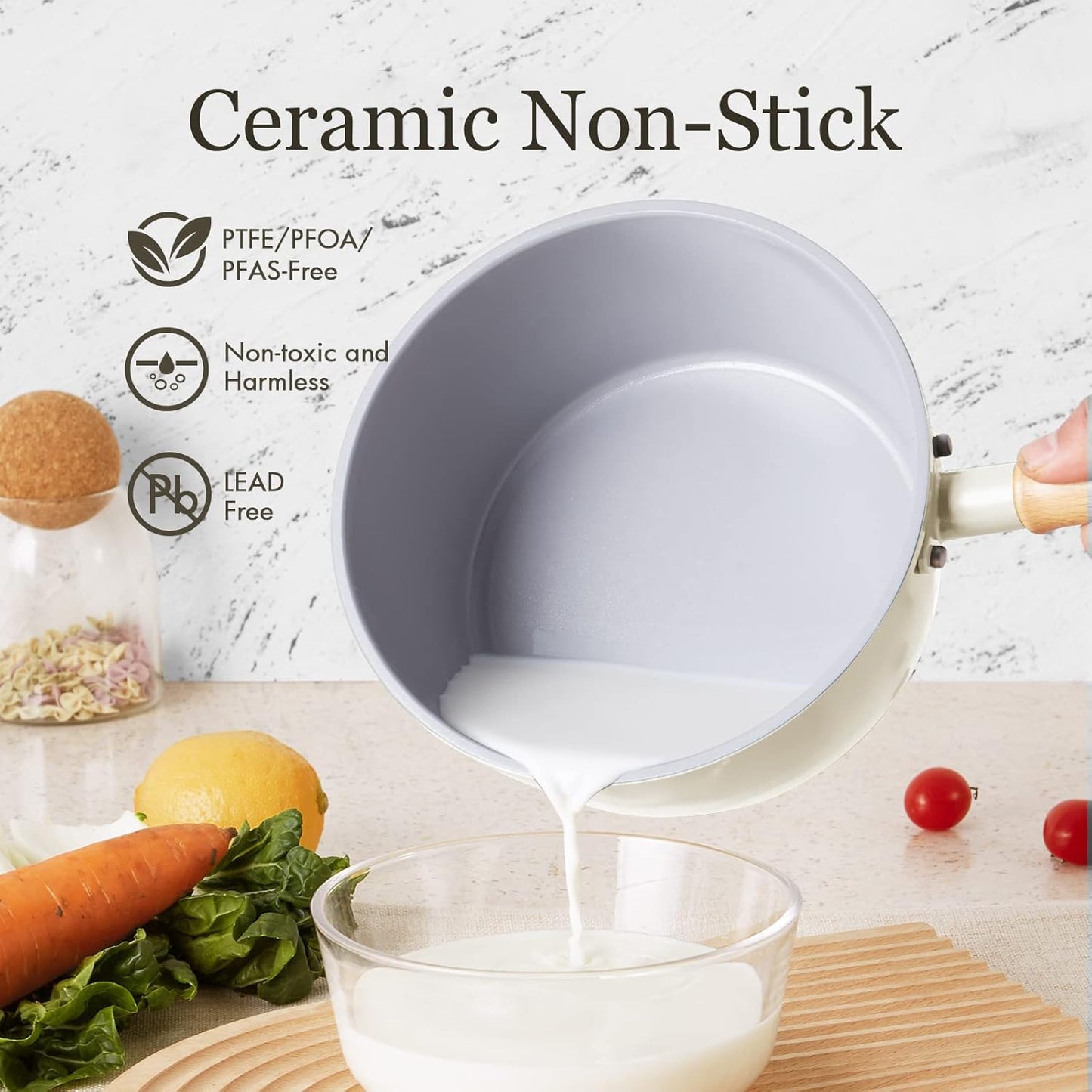 ROCKURWOK Ceramic Nonstick Sauce Pan, 3 QT Pot with Steamer, Non Toxic & PFAS-Free, Wooden Handle for Cool Touch, Universal Base(Gas, Electric & Induction), White