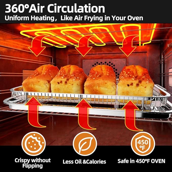 Air Fryer Basket for Oven, Extra Large 18.8" x 12.8" Oven Air Fryer Basket and Tray Set with 30 PCS Parchment Papers, Stainless Steel Air Fryer Pan and Crisper Tray (Silver)