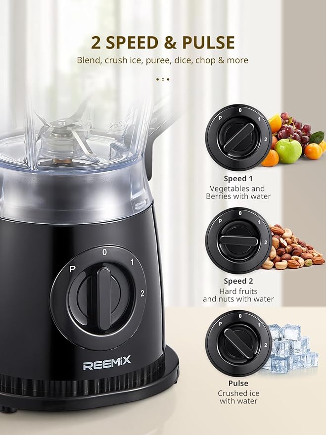 Reemix Blender, 50oz Countertop Blender - 2 Adjustable Speeds + Pulse, Dual Safety Locks, Dishwasher-Safe Pitcher for Smoothies, Crushing Ice & Family Meals