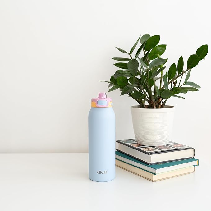 Ello Pop & Fill 22oz Stainless Steel Water Bottle with Quick Fill Technology, Double Walled and Vacuum Insulated Metal, Leak Proof Locking Lid, Sip and Chug, Reusable, BPA Free, Coastal Sunrise