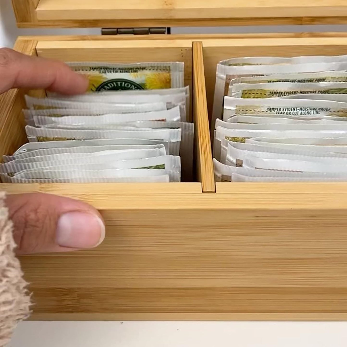 Bamboo Tea Organizer Box Chemical Free Eco-Friendly Big, Tall, Adjustable Cubbies Natural Wooden Storage Chest (4-Slot Rectangle 14.3"x 4.4" x 4.2" with TEA print design)