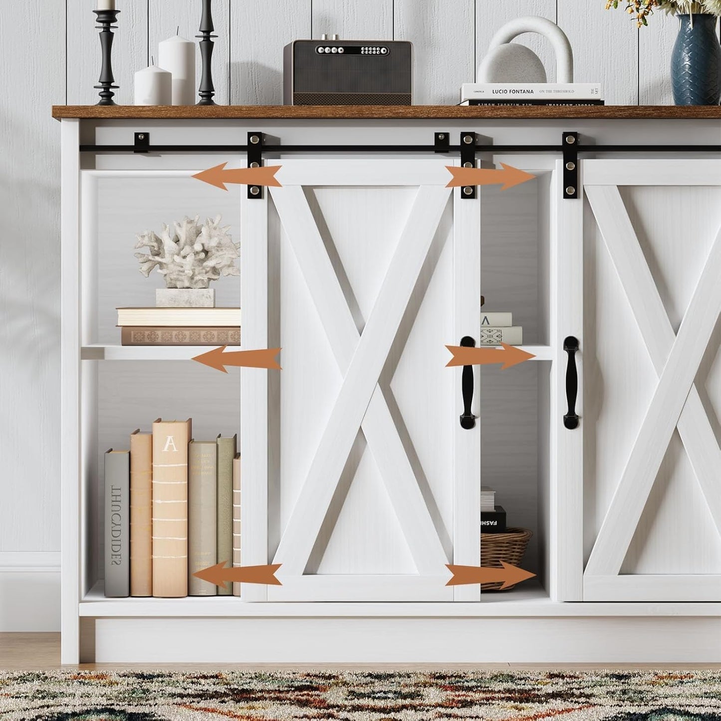4 EVER WINNER Coffee Bar Cabinet with Sliding Barn Doors, 42”Farmhouse Buffet Cabinet with Storage for Kitchen, Coffee Bar with Adjustable Shelf for Dining Room, White