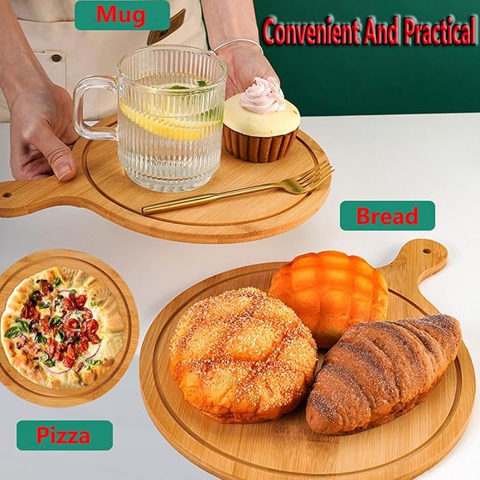 6 Pack Pizza Board Set – Premium Wooden Pizza Plates for Serving & Cutting, Round Bamboo Pizza Plate with Handle, Durable & Lightweight for Home & Restaurant (Up to 13 Inches),12inch