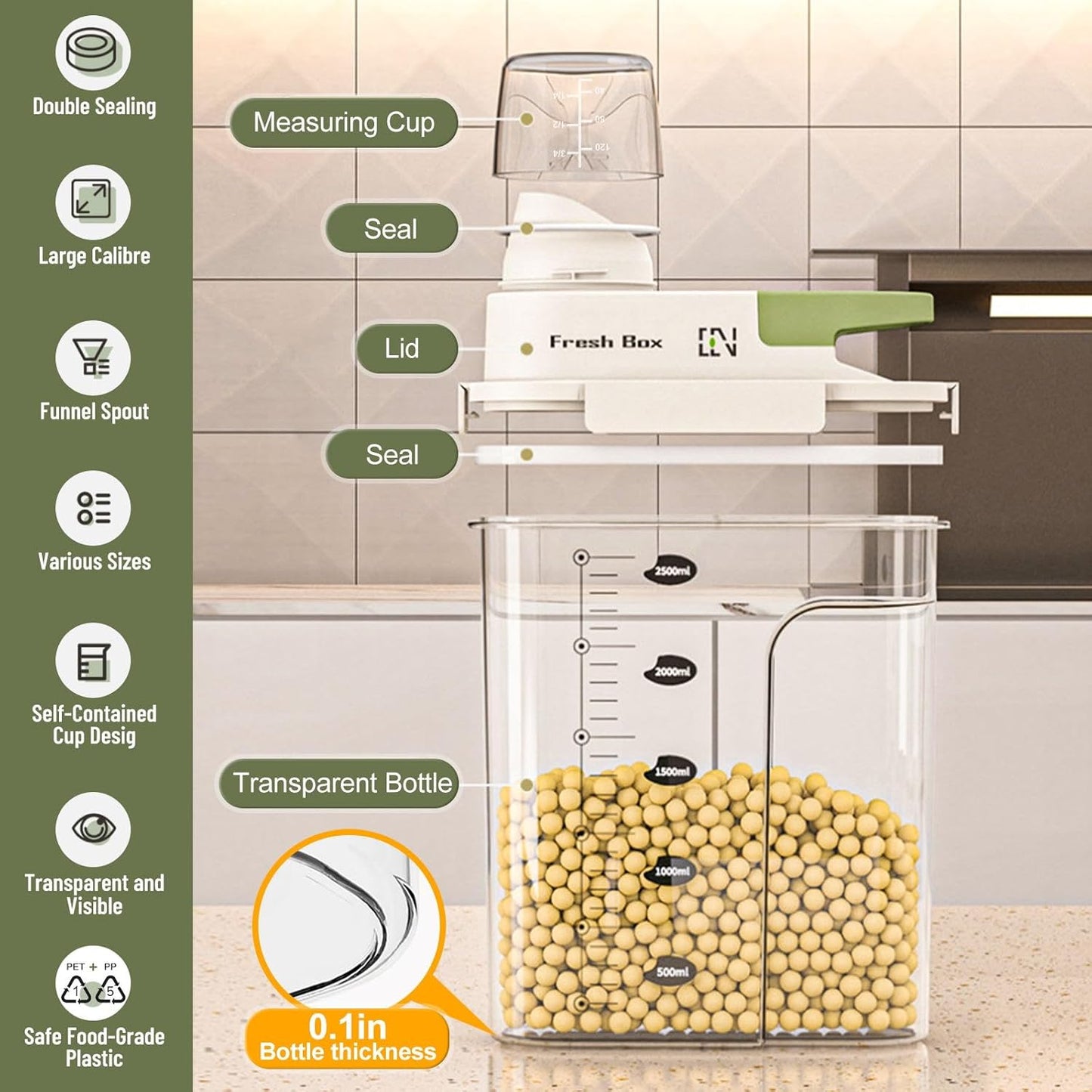 Cereal Storage Container 2Pack,85oz/2.5L Airtight Food Storage Containers With Lids,Organizers Storage With Measuring Cup for Beans,Sugar,Rice,Nuts,Snacks,Pet Food,Candy