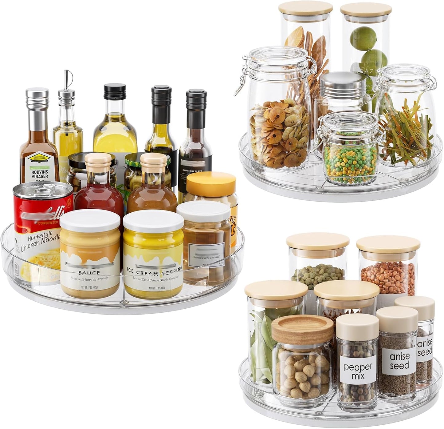 LAMU 3 Pack Lazy Susan Organizer, Clear Lazy Susan Turntable for Cabinet, Spice Organizer for Pantry, Refrigerator, Table Top, Kitchen Organizer and Storage, 2 Size (1 Piece 11'' + 2 Piece 9'')