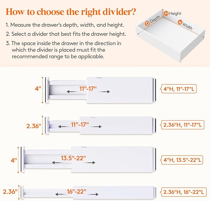 Lifewit 8 Pack 4" High Drawer Dividers 34-56cm/13.5-22" Adjustable Drawer Organizer for Clothes/Utensils, Expandable Drawer Separator in Dresser/Kitchen/Bedroom/Office Organization & Storage White