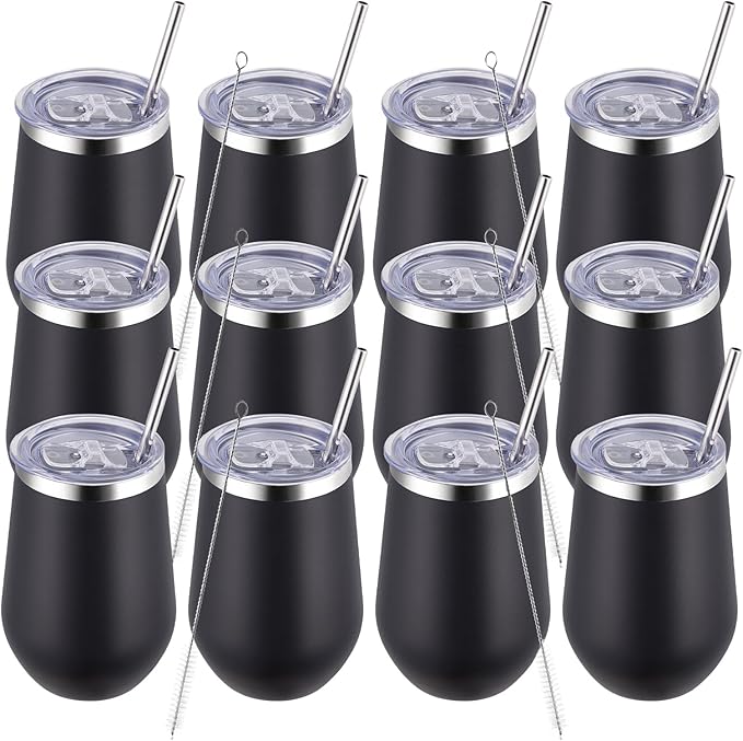 MEWAY 12oz/12 Pack Wine Tumbler Glasses with Lid - Stemless Double Wall Vacuum Stainless Steel Tumblers Keeping Cold & Hot for Wine - Family and Gifts, Ideal for Travel and Office(Black,Set of 12)