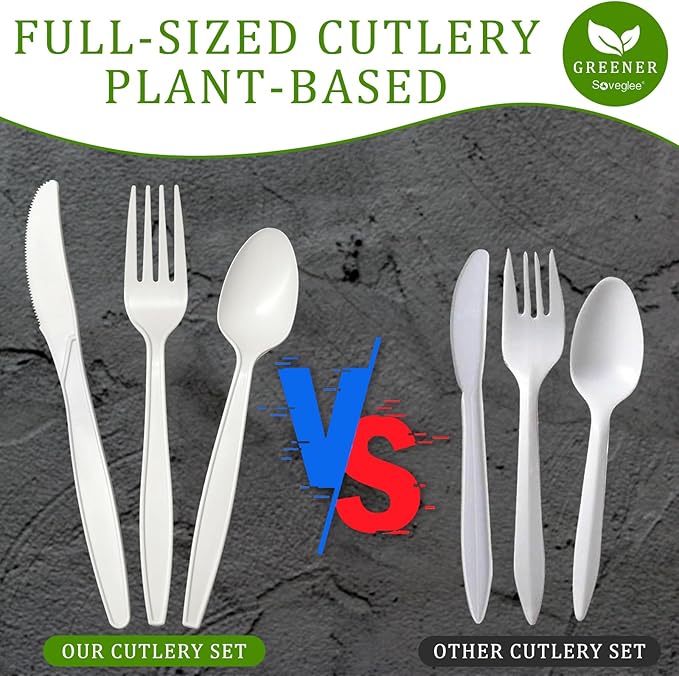 Ivory White No Plastic Silverware, Disposable Compostable Utensils 100 Forks 100 Spoons 100 Knives Disposable Cutlery, Eco Friendly Compostable Utensils, Disposable Forks Spoons Knives Set