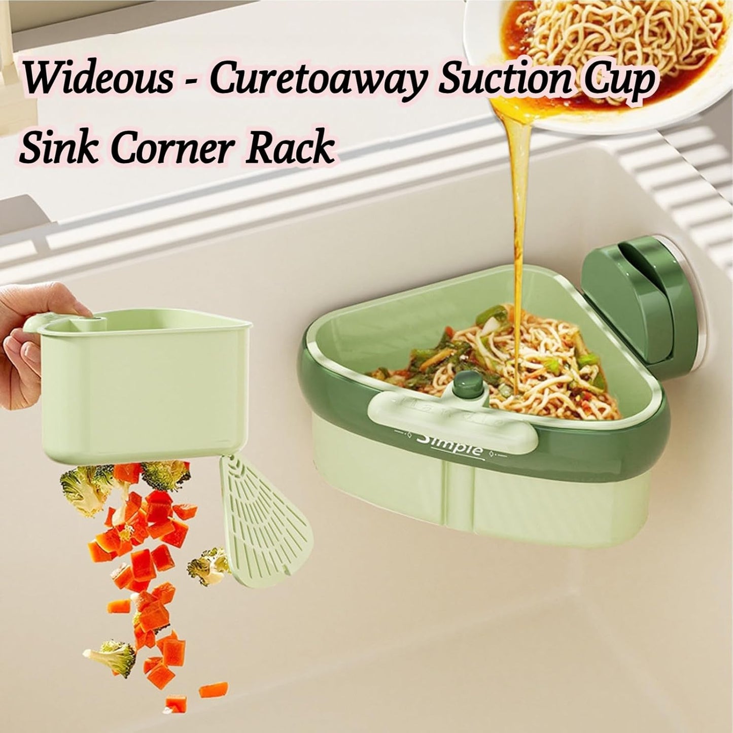 Suction Cup Sink Corner Rack, 2025 Upgraded Automatic Dumping Sink Strainer Basket, Suction Cup Press Sink Drainer Basket, No Drilling Corner Sink Strainer for Food Waste (Green, 2Pcs)