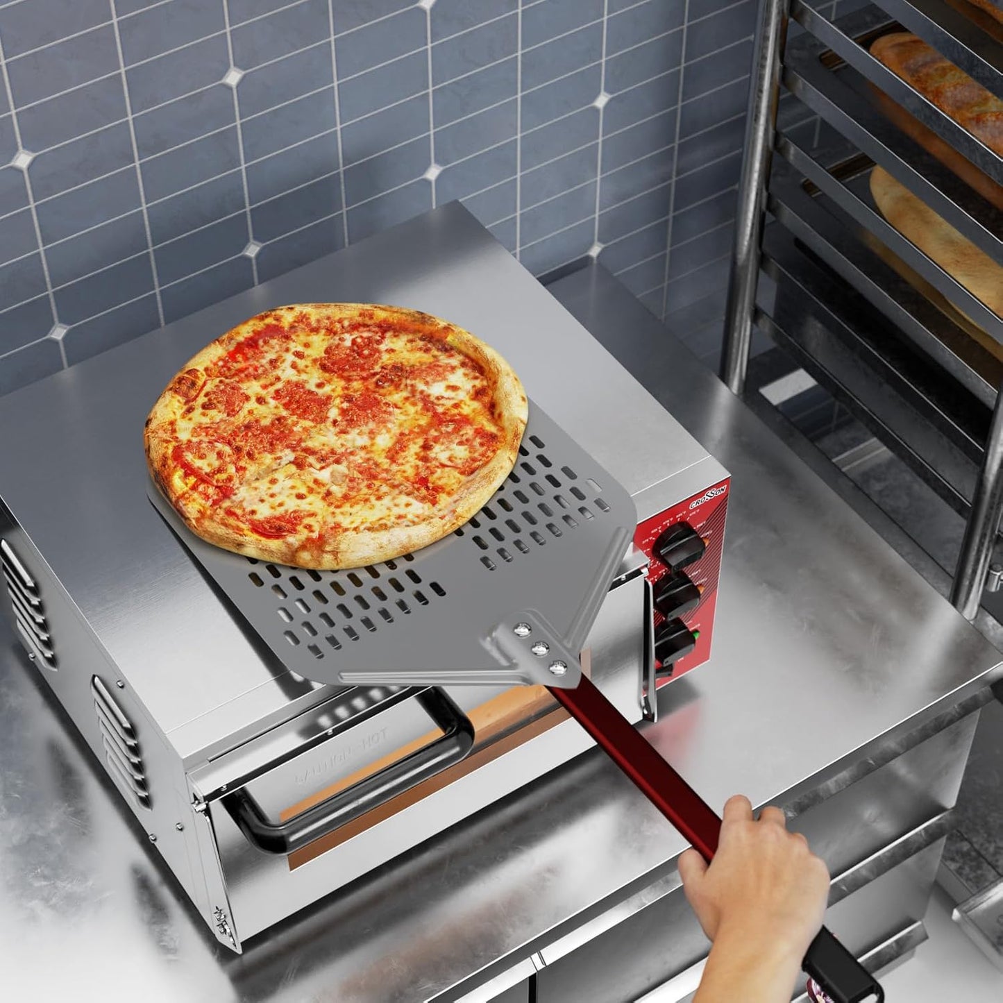 crosson 12”×16" Perforated Pizza Peel, Pizza Spatula Paddle, Lightweight Pizza Turning Peel with 16“ Long Handle, Pizza Oven Accessories, Pizza Tools, Rectangle Pizza Turner