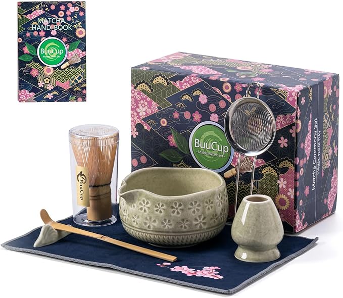 Buucup Matcha Whisk Set, Ceramic Matcha Kit Set Includes Matcha Bowl, Matcha Whisk and Holder, Bamboo Scoop, Scoop Rest, Sifter and Tea Towel - 7 Pcs Matcha Kit for Matcha Lovers (Mottled Green)