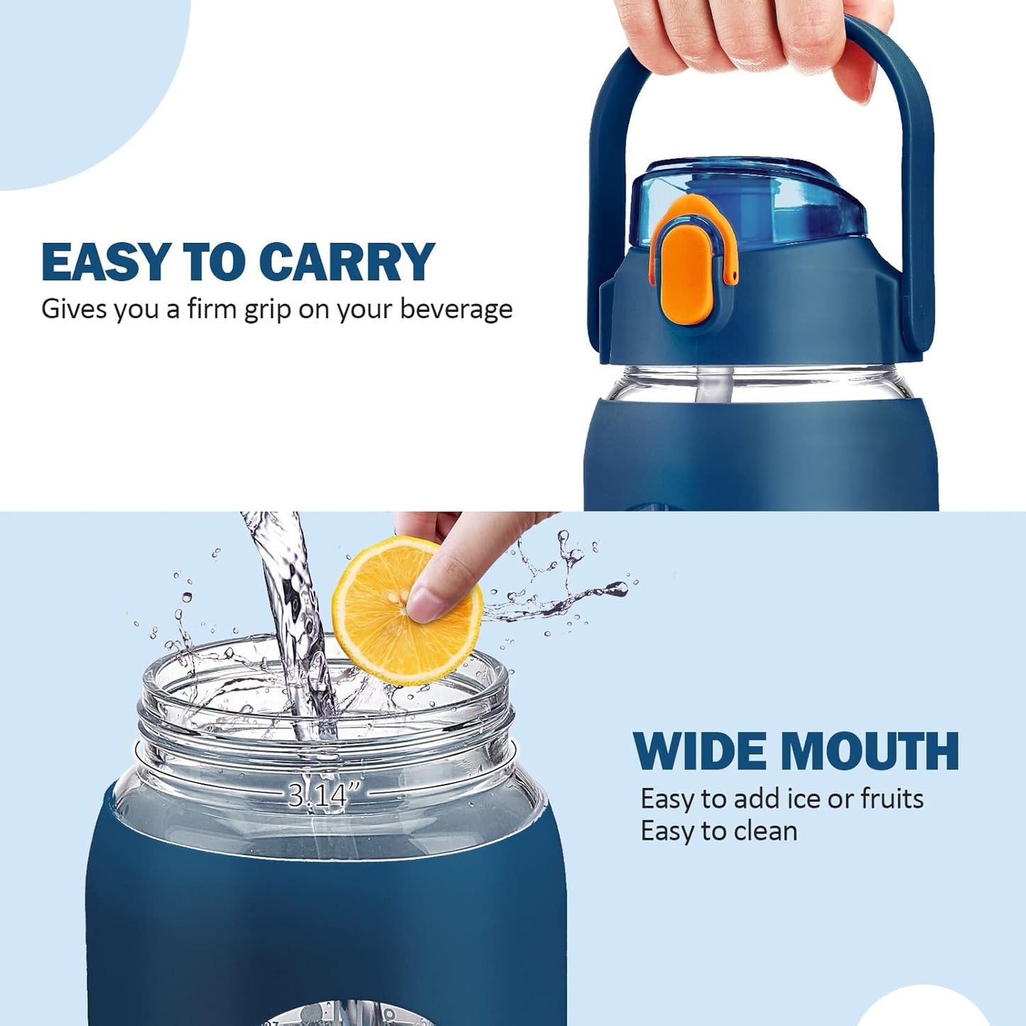 kytffu 64oz Glass Water Bottles with Straw, Half Gallon Motivational Glass Bottle with Silicone Sleeve and Time Marker, 2L Leakproof Large Glass Water Jug for Gym Home Office,Blue