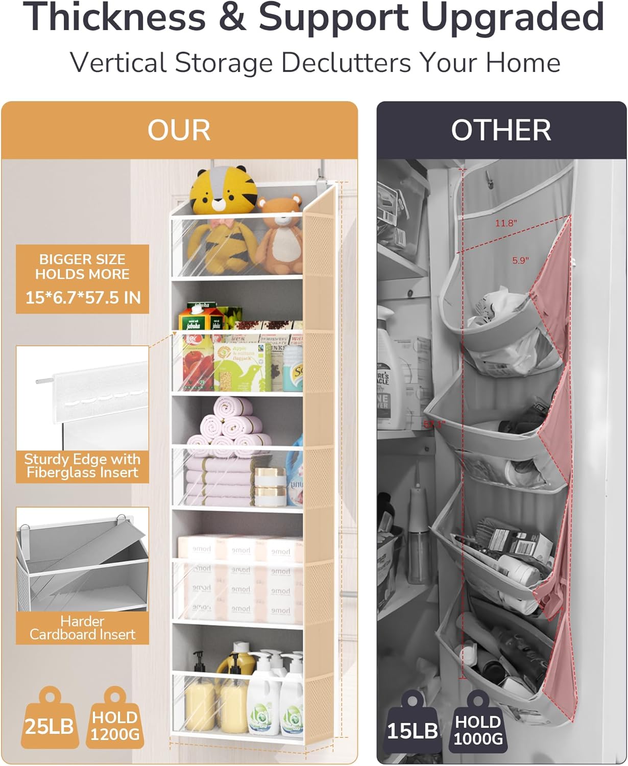 ULG 1-Pack Over Door Organizer with 5 Large Pockets 10 Mesh Side Pockets, 44 lbs Weight Capacity Hanging Storage Organizer with Clear Window for Bedroom Bathroom Kitchen, RV, Camper, Clear