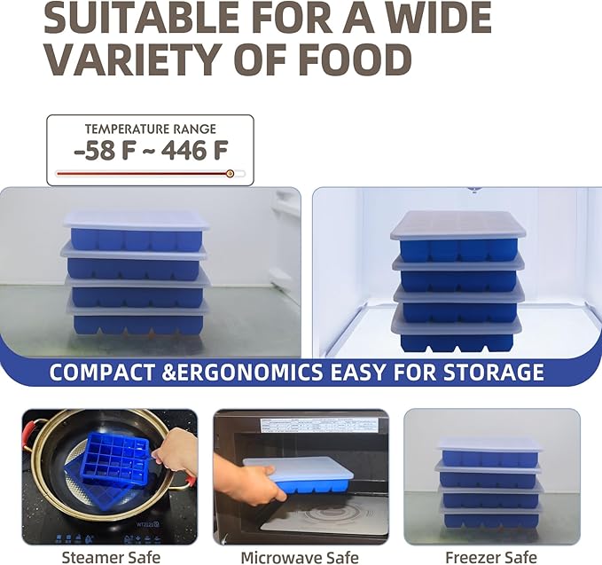 1 Tbsp Silicone Freezer Molds - Perfect for Storing Garlic, Herbs, Ginger, Pesto, Tomato Paste, Lemon Juice,Vegetable Purees,Purees and More - Silicone Food Freezer Tray(Blue 4 Pack)