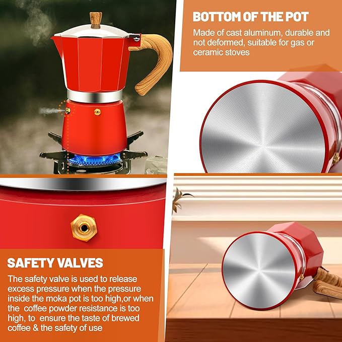 6 Cup Aluminum Espresso Stovetop Moka Pot Express Coffee Maker Percolator Italian Classic Mocha Coffee Machine for Italian and Cuban Cafe Brewing for Home & Camping 300ml 10oz
