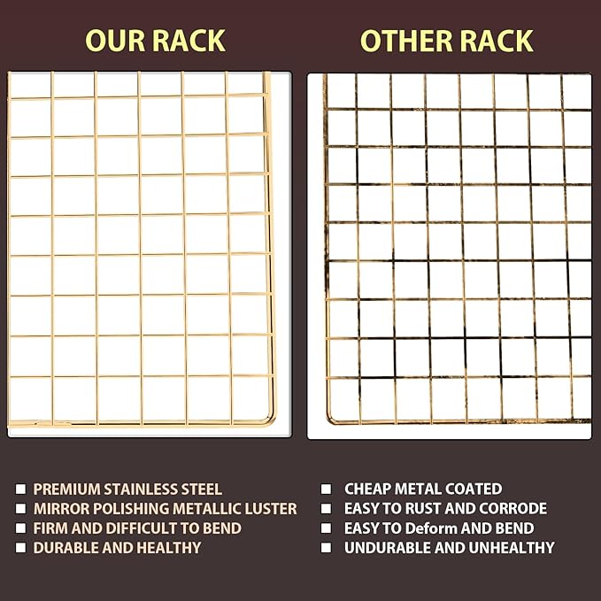 Cooling Rack for Baking, 2-Pack 16x10 Inches Baking Rack, Thick Wire Cookie Rack for Cooking, Roasting, Grilling, Drying, Oven Safe, Fits Half Sheet Pan, Gold