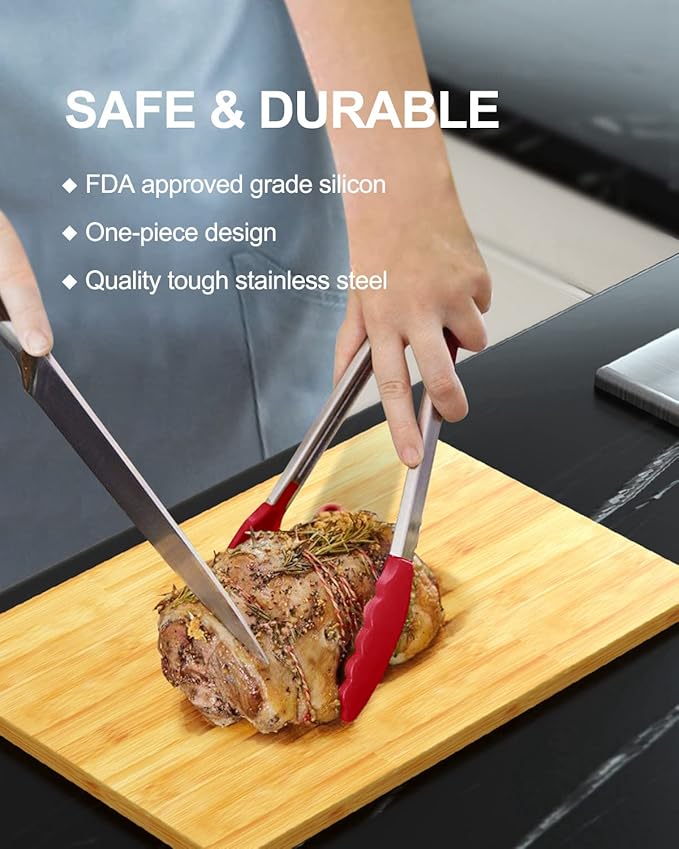 600ºF Heat Resistant Kitchen Tongs, Premium Locking Cooking Tongs with Silicone Tips, Non-Slip Food Tongs for Cooking, Non-Stick, Heavy Duty Stainless Steel Handle, Set of 3-7" 9" and 12" Multicolor